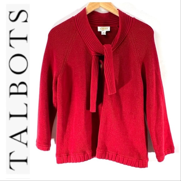 TALBOTS🎄 Cropped Red Sweater with mock turtleneck with tie collar MP - Picture 12 of 13